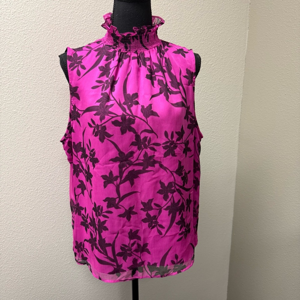 Vince Camuto Pink Floral Mock Neck Sleeveless Blouse Elegant Career Top L - Picture 2 of 10